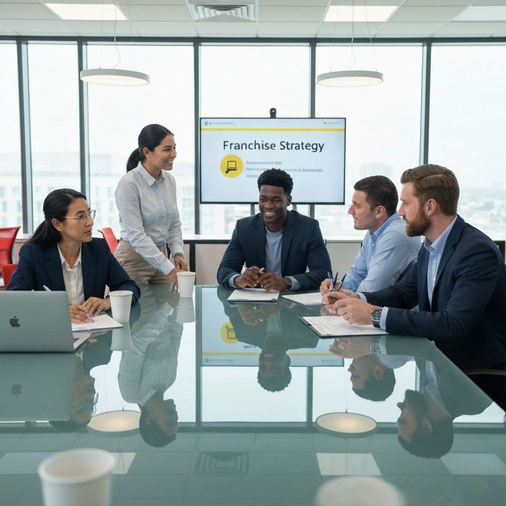 Professional business meeting showing diverse team of franchise consultants discussing strategy with clients around a conference table
