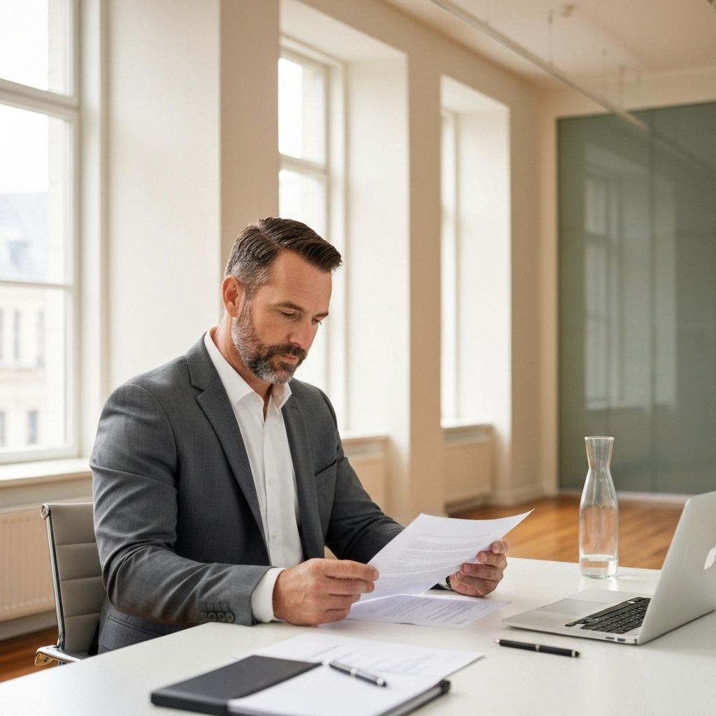 Professional franchise consultant reviewing documents and contracts with a client in a modern office